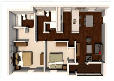 Floor plan for 2 beds, 2 baths, 970 sqft